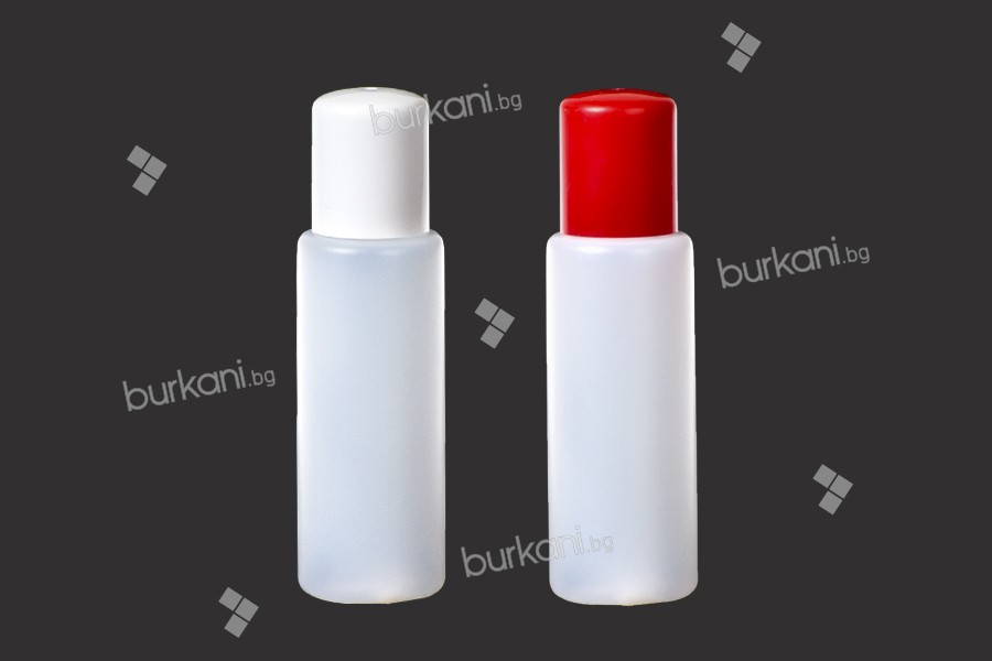 Пластмасова полупрозранча бутилка 100 мл с бяла или с червена капачка 