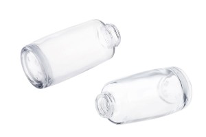 Стъклена кръгла бутилка за крем 30 мл с пластмасова помпа червена и черна, с прозрачна капачка-изображение_група