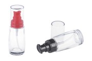 Стъклена кръгла бутилка за крем 30 мл с пластмасова помпа червена и черна, с прозрачна капачка