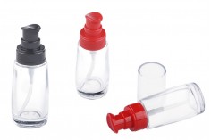 Стъклена кръгла бутилка за крем 30 мл с пластмасова помпа червена и черна, с прозрачна капачка