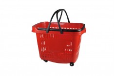 Ръчно изработена пластмасова кошница с колела в червено 60x45x46 cm