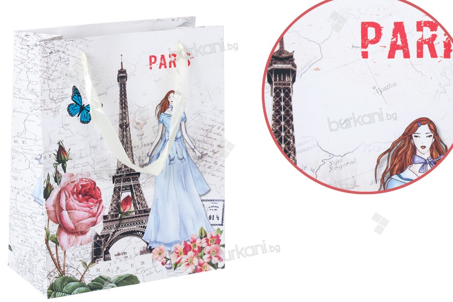 210 x 100 x 260 mm saten saplı Eiffel plastik Hediyelik çanta