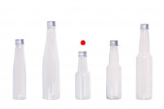Şeffaf plastik şişe gümüş alüminyum kapak ve iç astar ile 70 ml