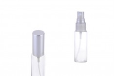 Стъклена бутилка за парфюм  с пластмасов спрей и алуминиева капачка в два цвята