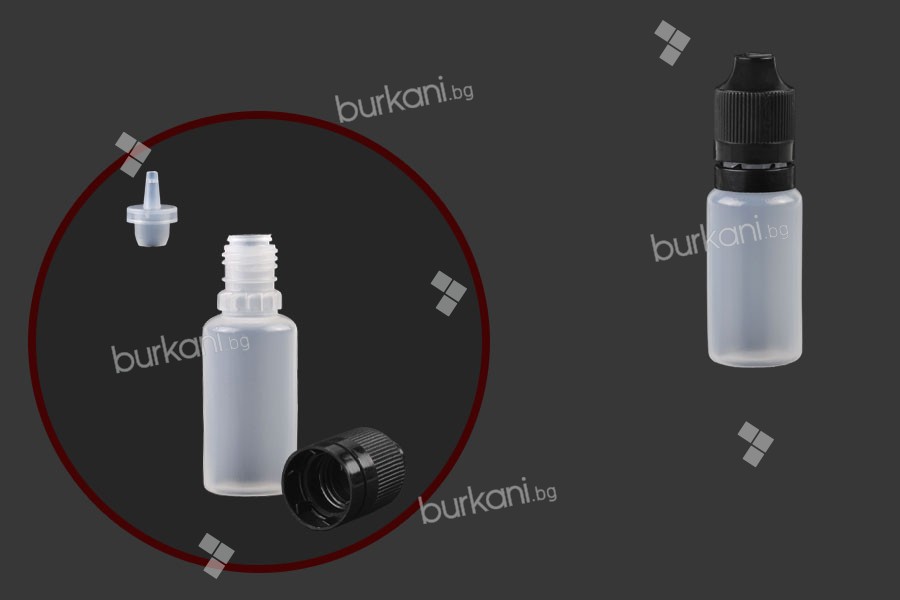 Пластмасова млечна бутилка 15 ml с черна пластмасова капачка CRC и пластмасов капкомер за електронна цигара - 50 бр. 