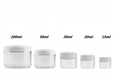 Прозрачно пластмасови бурканче  50 ml с бяла капачка със сребриста лента  в опаковка от 12 броя