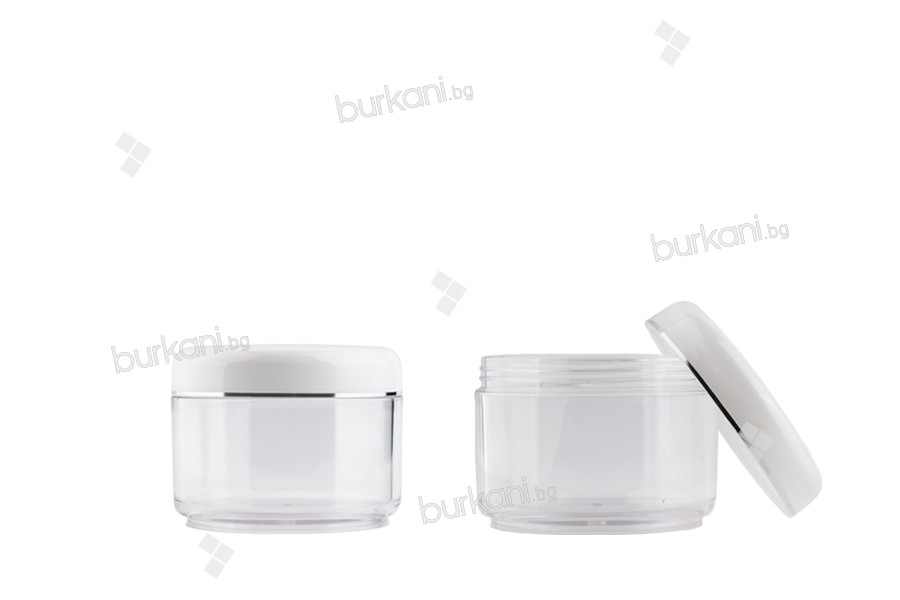 Прозрачно пластмасови бурканче  50 ml с бяла капачка със сребриста лента  в опаковка от 12 броя
