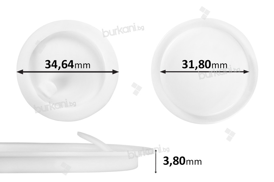 Пластмасово уплътнение (PE) бяло с  височина 3.80 mm - диаметър 34.64 mm (малък диаметър : 31.80 mm) - 12бр