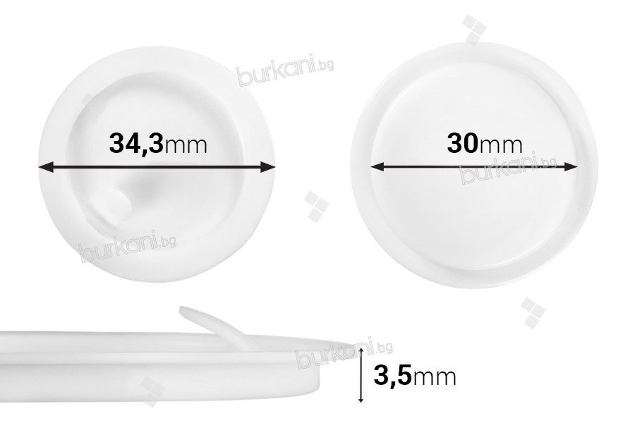 Уплътнение пластмасово (PE) бяло височина 3,50 мм - диаметър 34,30 мм (малък диаметър: 30 мм) - 12 бр.