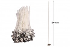 Восъчени памучни фитили за свещи с дължина 150 мм и метална основа - 100 бр.