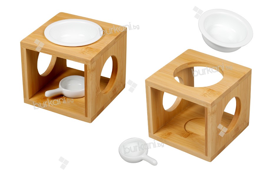 Дървена поставка дифузер за ароматни восъци или масла + керамична малка чинийка за топене