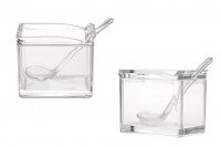 Plastic box 81x57x70 mm transparent with integrated cap and teaspoon (length 118 mm) for sweets and spices