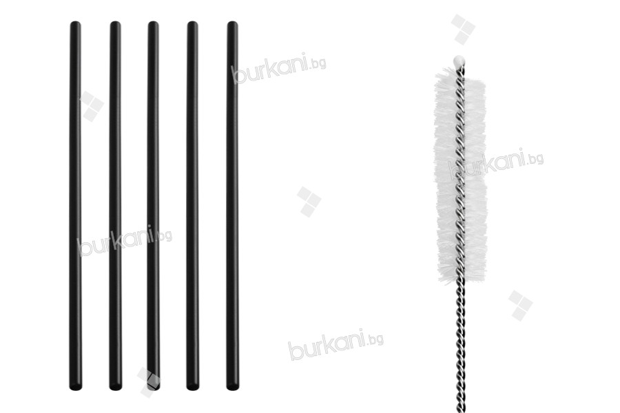  Mетални сламки 215 mm , екологични,  неръждаема стомана в черно с четка за почистване (5 + 1 бр.)