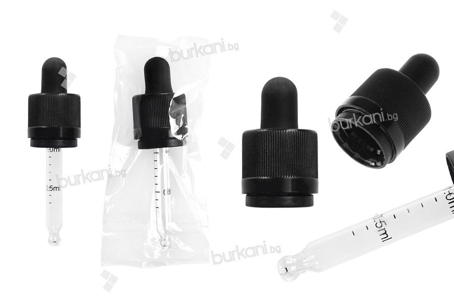 Стъклена пипета CRC защита за бутилки 20 мл, с черен пластмасов биберон 