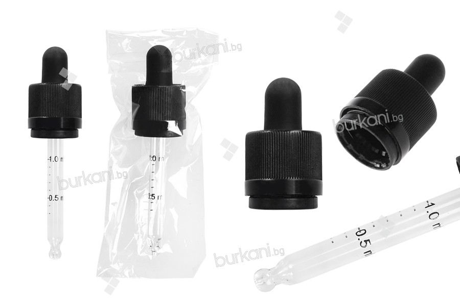 Стъклена пипета  CRC защита за бутилки 30 мл, с черен пластмасов биберон