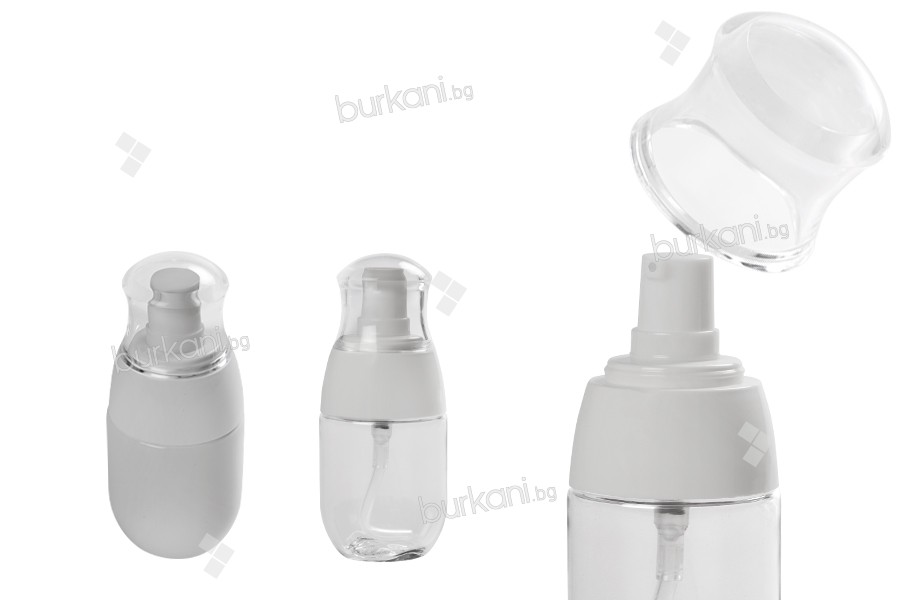 Пластмасова бутилка PET  30 ml с бяла лосион  помпа и прозрачна капачка 