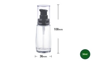 Стъклена кръгла бутилка за крем 30 мл с пластмасова помпа червена и черна, с прозрачна капачка-изображение_размери