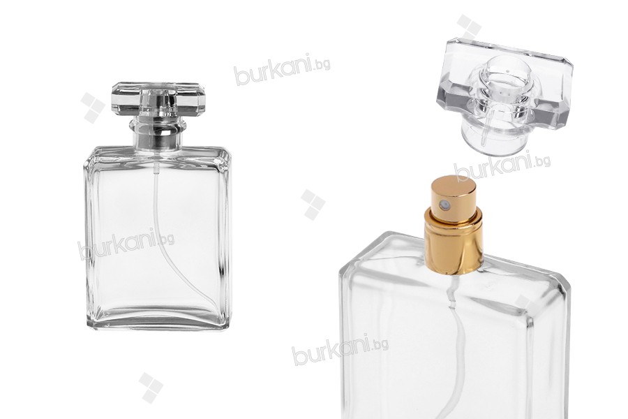 Parfüm şişesi cam 100 ml şeffaf sprey ve kapaklı