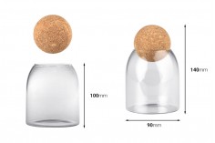 Glass clear jar 800 ml with natural cork in spherical shape