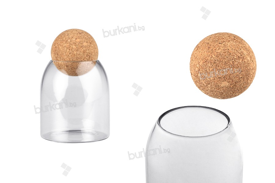 Glass clear jar 800 ml with natural cork in spherical shape