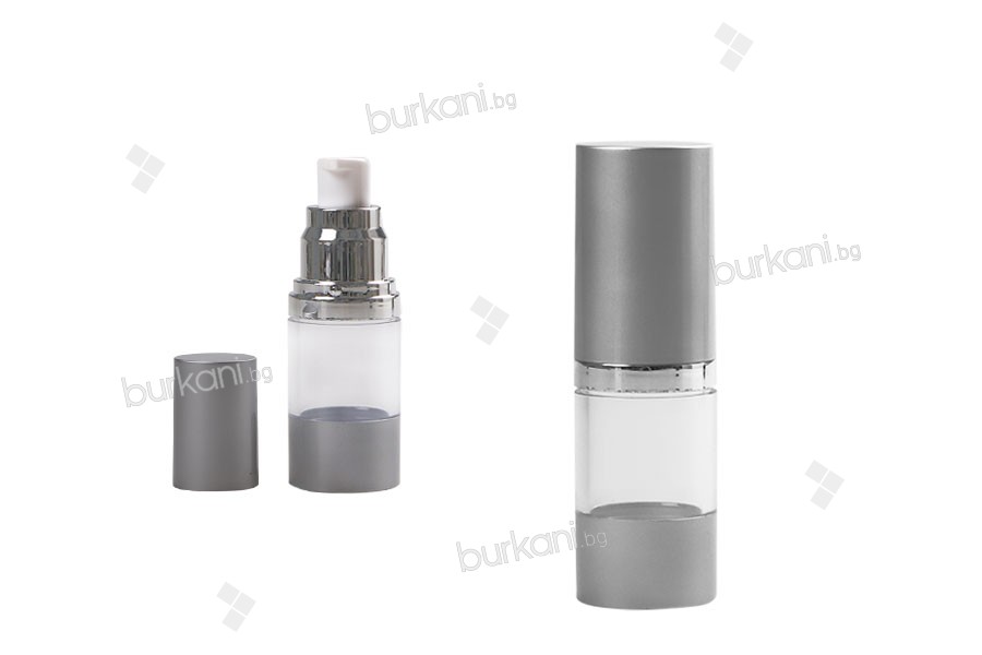 Пластмасова прозрачна Акрилна бутилка 15 мл Airless със сребриста капачка 