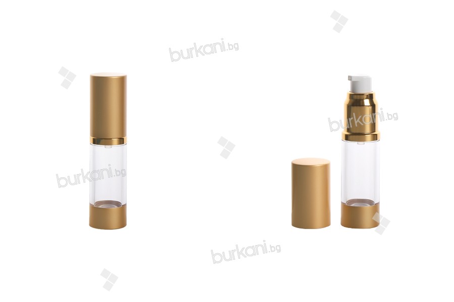 Şeffaf akrilik gövde ve plastik altın mat kapaklı 15 ml Airless şişe