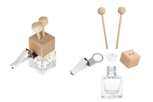 Стъклена бутилка 7 мл за ароматизатор с дървена капачка и пръчки - 25 бр-изображение_размери