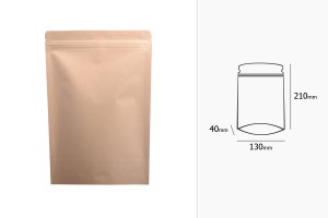 Опаковка тип "DOY PACK" , с вътрешна алуминиева облицовка, с размери 130x40x210 mm - 50 броя-изображение_размери