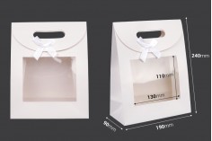 190x90x240 mm beyaz renkli, kendinden yapışkanlı, pencereli ve fiyonklu kağıt hediye çantası - 12 adet