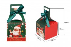 Коледна подаръчна кутия с дръжка и панделка 100х100х100 мм - 25 бр.