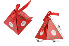 Коледна хартиена подаръчна кутия във формата на пирамида 80x80x92 mm с панделка - 10 бр.