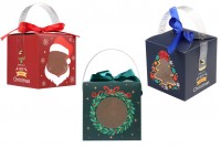 Christmas paper gift box 90x90x90 mm with window, handle and ribbon - 10 pcs