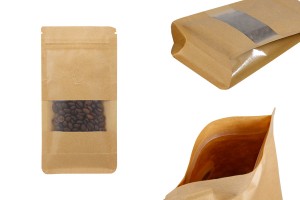 Крафт торбичка тип  Doy Pack 100x60x200 mm, с цип, клапа, прозорец, вътрешна и външна прозрачна облицовка и възможност за термозаваряване   - 25 бр.-изображение_продукт