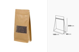 Крафт торбичка тип  Doy Pack 100x60x200 mm, с цип, клапа, прозорец, вътрешна и външна прозрачна облицовка и възможност за термозаваряване   - 25 бр.-изображение_размери