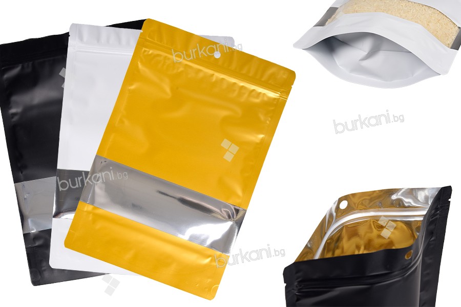 Алуминиеви торбички тип Doy Pack 200x50x300 мм с "цип" затваряне, прозорец и възможност за термозапечатване - 100 бр.