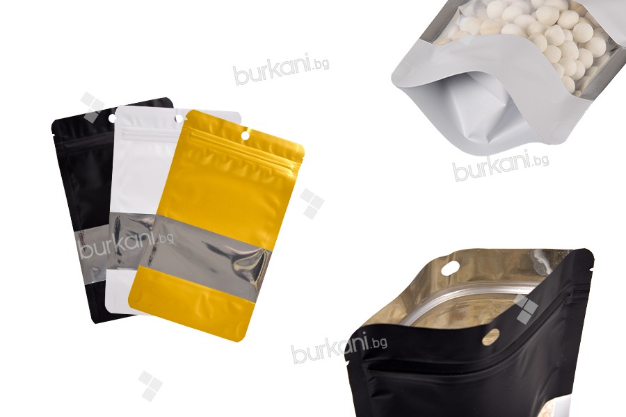 Алуминиеви торбички тип Doy Pack 120x40x200 мм с "цип" затваряне, прозорец и  възможност за термозапечатване - 100 бр.