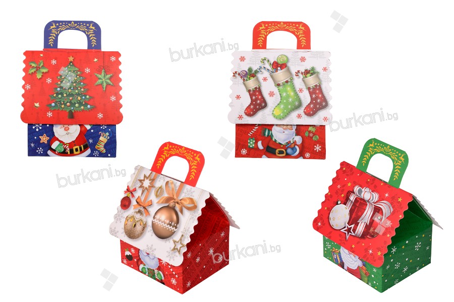Коледна подаръчна кутия с дръжки, с размери 120x100x150 mm (микс дийзан) - 12 бр./опаковка