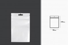 Пластмасови торбички с цип  90x140 mm, с бял гръб с прозрачна предна част, с дупка - 100 бр.