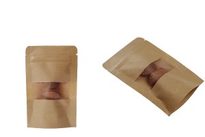 Крафт опаковка тип DOY PACK 90x30x140 mm с цип и прозорец,  с външна и вътрешна облицовка прозрачна - 100 бр.-изображение_група