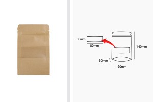 Крафт опаковка тип DOY PACK 90x30x140 mm с цип и прозорец,  с външна и вътрешна облицовка прозрачна - 100 бр.-изображение_размери