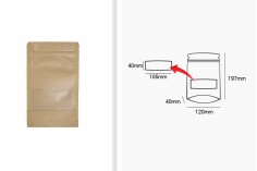 Крафт опаковка тип DOY PACK с цип и прозорец,  с външна и вътрешна облицовка прозрачна120x40x200 mm с възможност за термозапечатване - 100 бр.