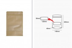 Doy Pack tip kraft kılıfı fermuarlı ve pencereli, iç ve dış şeffaf astarlı ve ısıl yapışmalı 140x40x200 mm - 100 adet