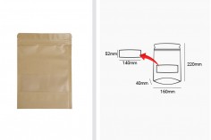 Doy Pack tip kraft torbalar, fermuarlı ve pencereli, iç ve dış şeffaf astar ve ısı ile kapama kabiliyeti