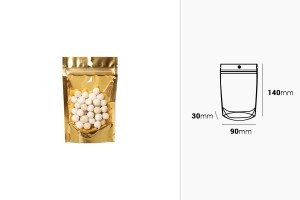 Пликове Doy Pack 90x30x140 мм алуминиеви със златиста задна част, прозрачна предна част с "цип" затваряне и термозаваряване - 100 бр.-изображение_размери