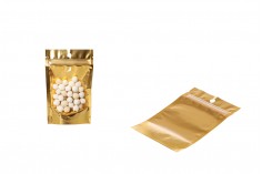 Doy Pack tipi çantalar 90x30x140 mm  alüminyum arka yüzü altın sarısı, önü şeffaf fermuarlı ve ısıl yapıştırma ile kapatma özelliği - 100 adet