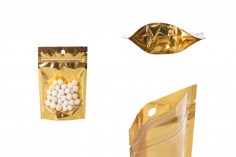 Doy Pack tipi çantalar100x30x150mm   alüminyum arka yüzü altın sarısı, önü şeffaf fermuarlı ve ısıl yapıştırma ile kapatma özelliği - 100 adet