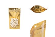 Doy Pack tipi çantalar 100x30x180 alüminyum arka yüzü altın sarısı, önü şeffaf fermuarlı ve ısıl yapıştırma ile kapatma özelliği - 100 adet