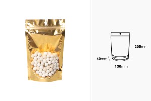 Алуминиеви торбички тип Doy Pack 130x40x205 mm със златиста задна част, прозрачна предна част с "цип" затваряне и място за термозаваряване - 100 бр.-изображение_размери