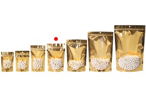 Алуминиеви торбички тип Doy Pack 130x40x205 mm със златиста задна част, прозрачна предна част с "цип" затваряне и място за термозаваряване - 100 бр.-изображение_група