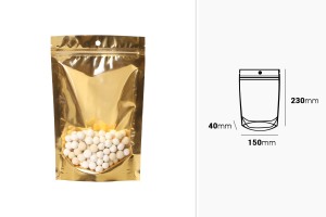 Торбички тип Doy Pack 150x40x230 мм алуминиеви  със златиста задна част, прозрачна предна част с цип и термозаваряеми - 100 бр.-изображение_размери